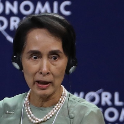 Myanmar State Counsellor Aung San Suu Kyi attends a panel discussion at the World Economic Forum on Sept 12