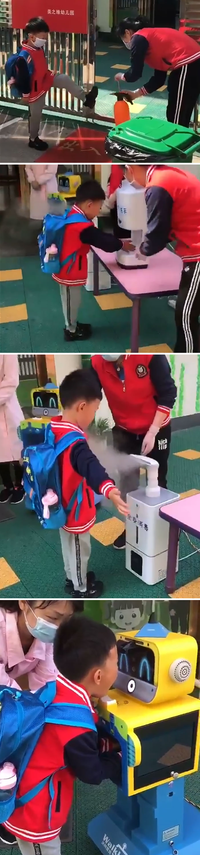 Chinese Student Returning To School, Someone First Sprays Disinfectant On Shoes, Then Sanitizes Hands, Spray Sterilizes His Clothes And Backpack And A Robot Scans His Eyes, Hands, And Throat