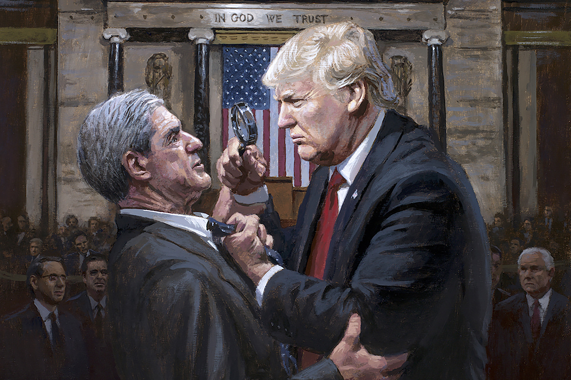 “Expose the Truth.” The painting showed an angry-looking Trump grabbing Robert Mueller by the tie and holding a magnifying glass into his face.