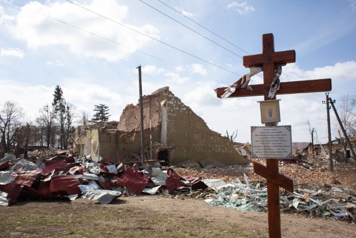 A view of the square which got destroyed as a result of a rocket strike in Byshiv, Ukraine.