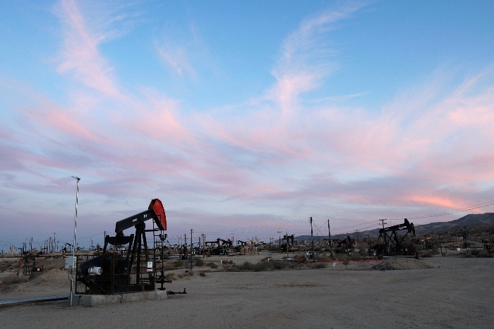 Pump jacks and wells are seen in an oil field on the Monterey Shale formation.