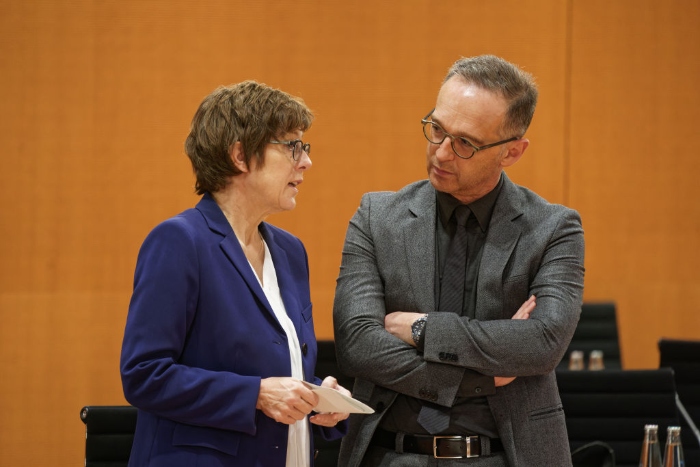Nightly 10-21-21 photo 2 German Federal Minister of Defence Annegret Kramp Karrenbauer and Federal Minister for Foreign Affairs Heiko Maas speak during a weekly government cabinet meeting at the Chancellery in Berlin.