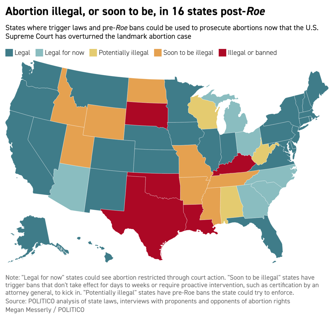 A map of the United States showing where abortion is now illegal, or will be soon, after the fall of Roe.