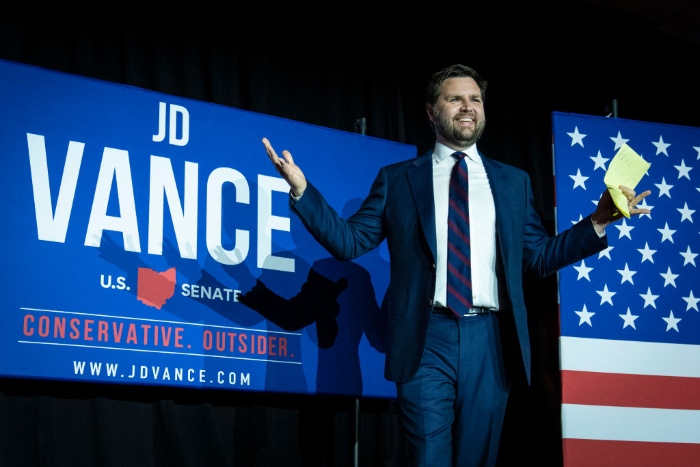 Republican U.S. Senate candidate J.D. Vance arrives onstage after winning the primary, at an election night event at Duke Energy Convention Center in Cincinnati, Ohio. 