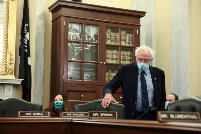 Nightly 11-18-21 photo Sen. Bernie Sanders (I-Vt.) arrives to a business meeting with the Senate Committee on Veteran Affairs on Capitol Hill.