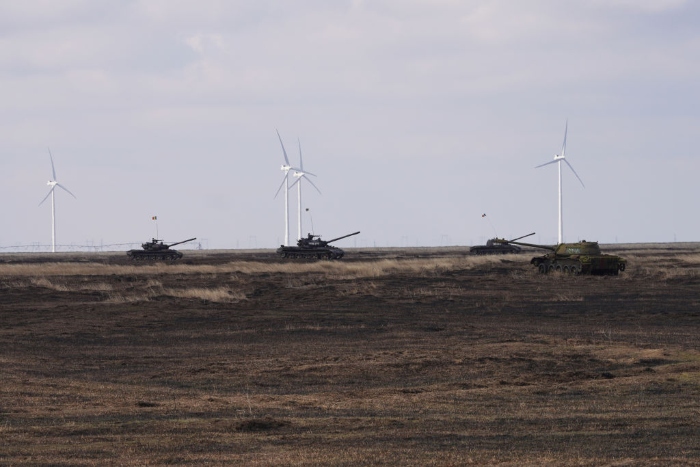 Romanian tanks take part in a joined Romanian-U.S. military drill, on a military base in Smardan, Romania.