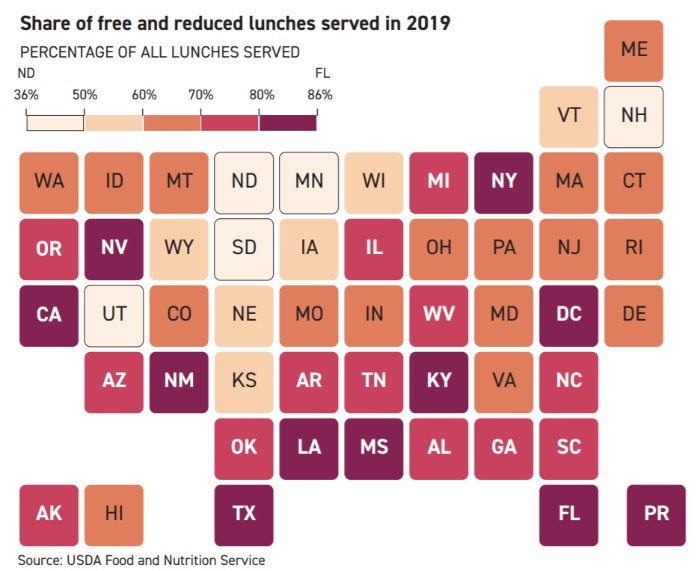 Map of share of free and reduced lunches served in 2019 by state