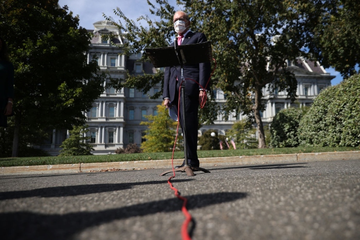 Nightly 10-9 photo White House National Economic Council Director Larry Kudlow talks to reporters outside the West Wing. Without revealing specifics of the offer, Kudlow said that he, chief of staff Mark Meadows and Treasury Secretary Steven Mnuchin spoke with President Donald Trump, and that he gave approval for a revised coronavirus stimulus legislation.
