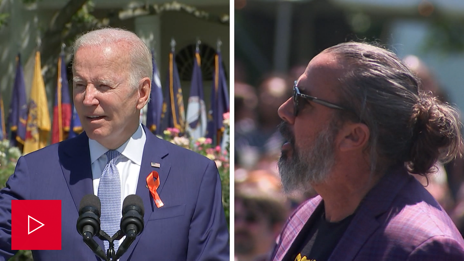 President Joe Biden and Parkland father Manuel Oliver are seen during the president's speech on gun violence.