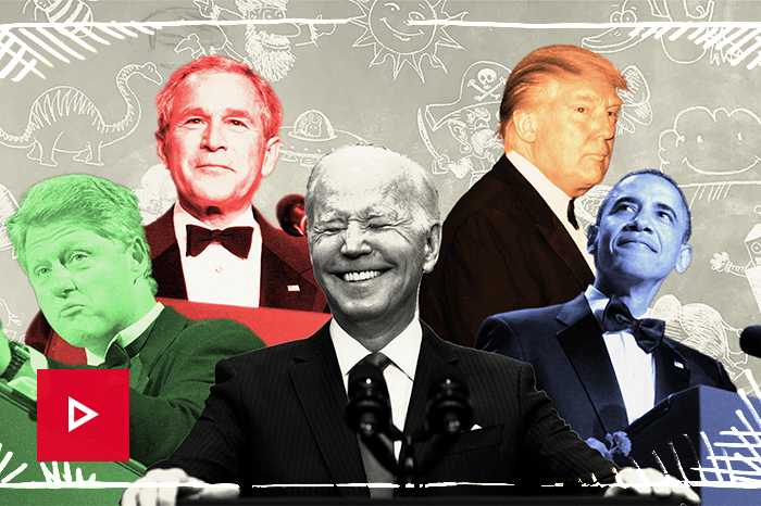 220429_Punchlines Thumbnail An illustration of President Joe Biden and former Presidents Donald Trump, Barack Obama, George W. Bush and Bill Clinton.