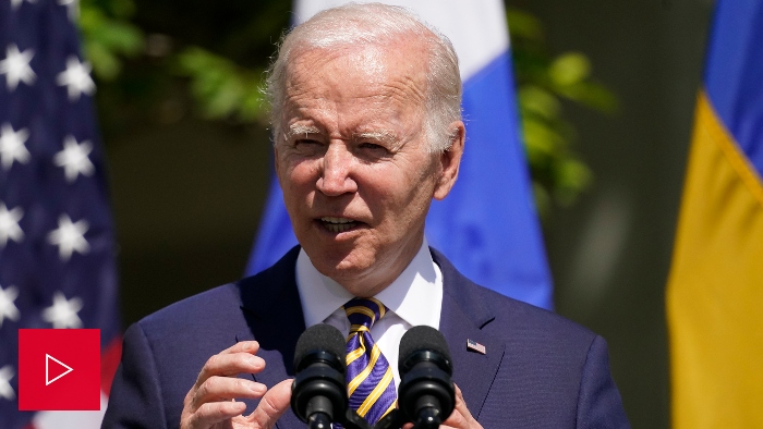 Video player of President Joe Biden discussing Finland and Sweden joining NATO