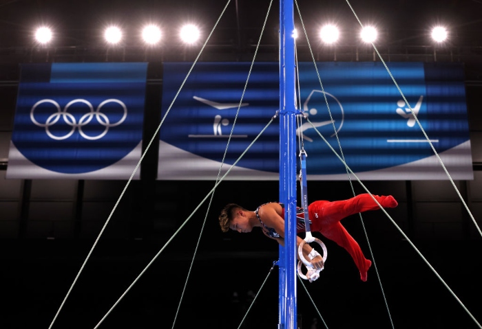 Nightly 7-21-21 photo Yul Moldauer of Team United States on the rings during a practice session at the Ariake Gymnastics Centre ahead of the Tokyo 2020 Olympic Games.