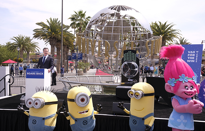 California Gov. Gavin Newsom talks during a news conference at Universal Studios in Universal City, Calif. on Tuesday, June 15, 2021.