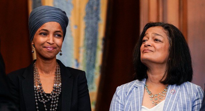 Omar_Jayapal_Nightly_700 Reps. Ilhan Omar (D-Mich.) and Pramila Jayapal (D-Wash.) are pictured on Capitol Hill in Washington, D.C.