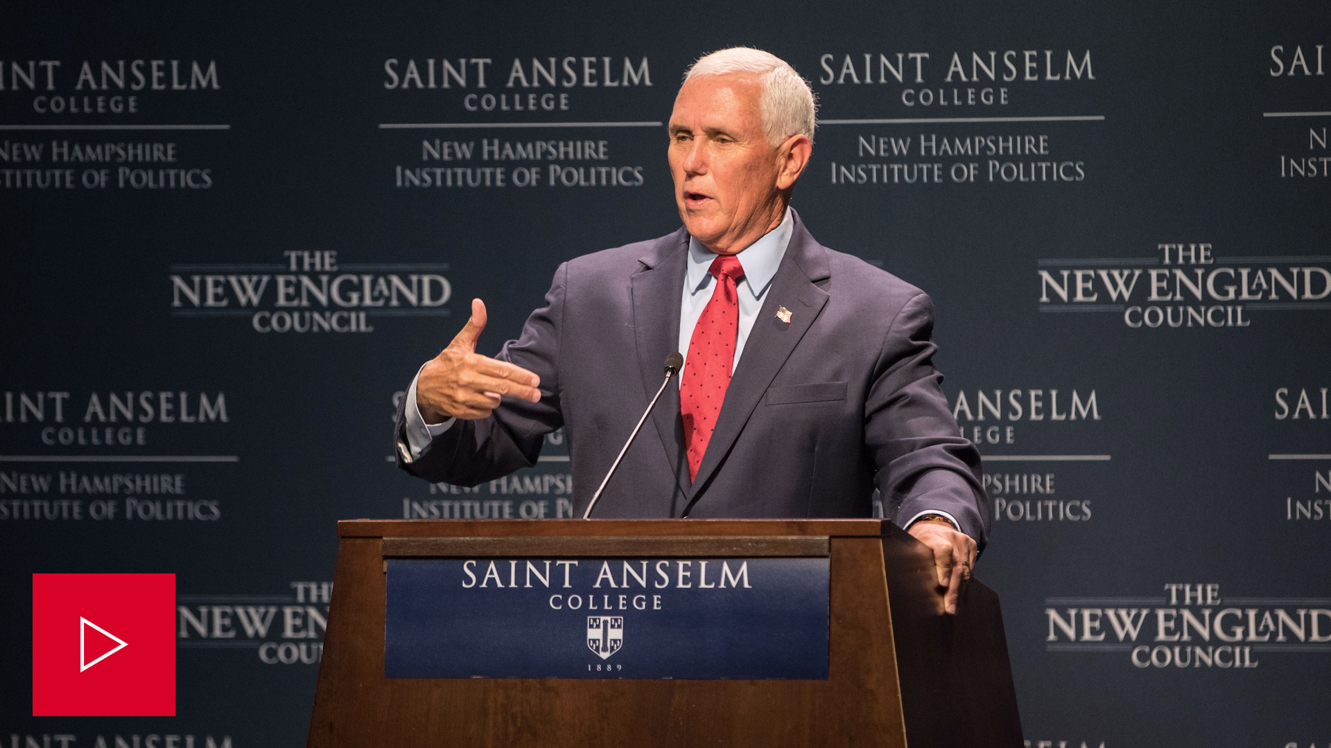 A video of Mike Pence speaking at a lectern. 