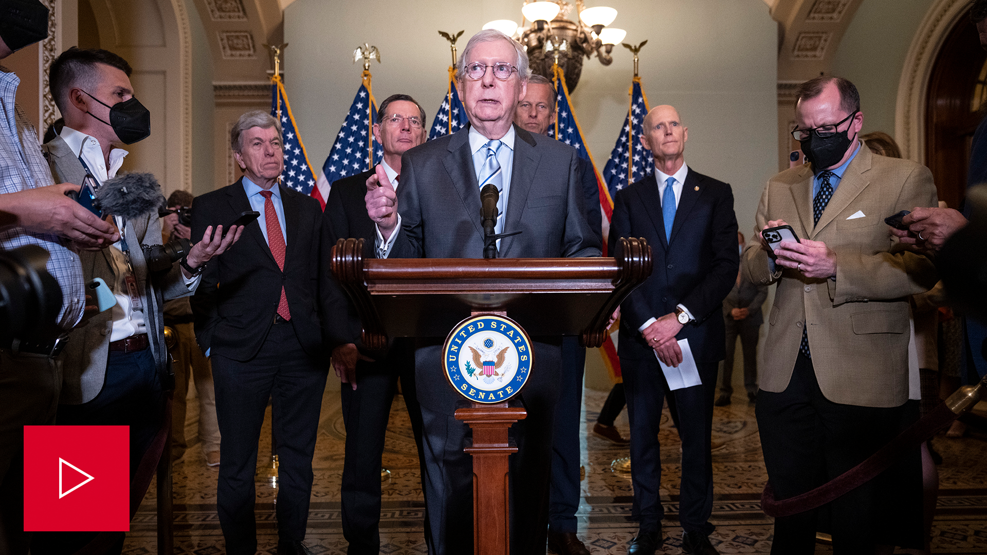 Senate Minority Leader Mitch McConnell speaks to reporters.
