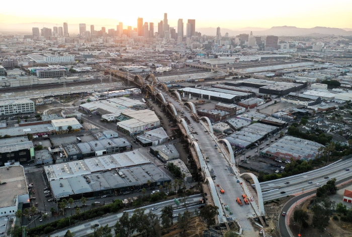 Nightly 11-11-21 photo An aerial view as construction continues on the Sixth Street Viaduct replacement project, connecting Boyle Heights with downtown Los Angeles.