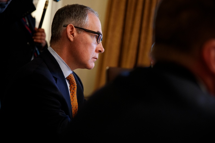 Former EPA Administrator Scott Pruitt listens as President Donald Trump speaks during a Cabinet meeting at the White House, Thursday, June 21, 2018, in Washington. (AP Photo/Evan Vucci)