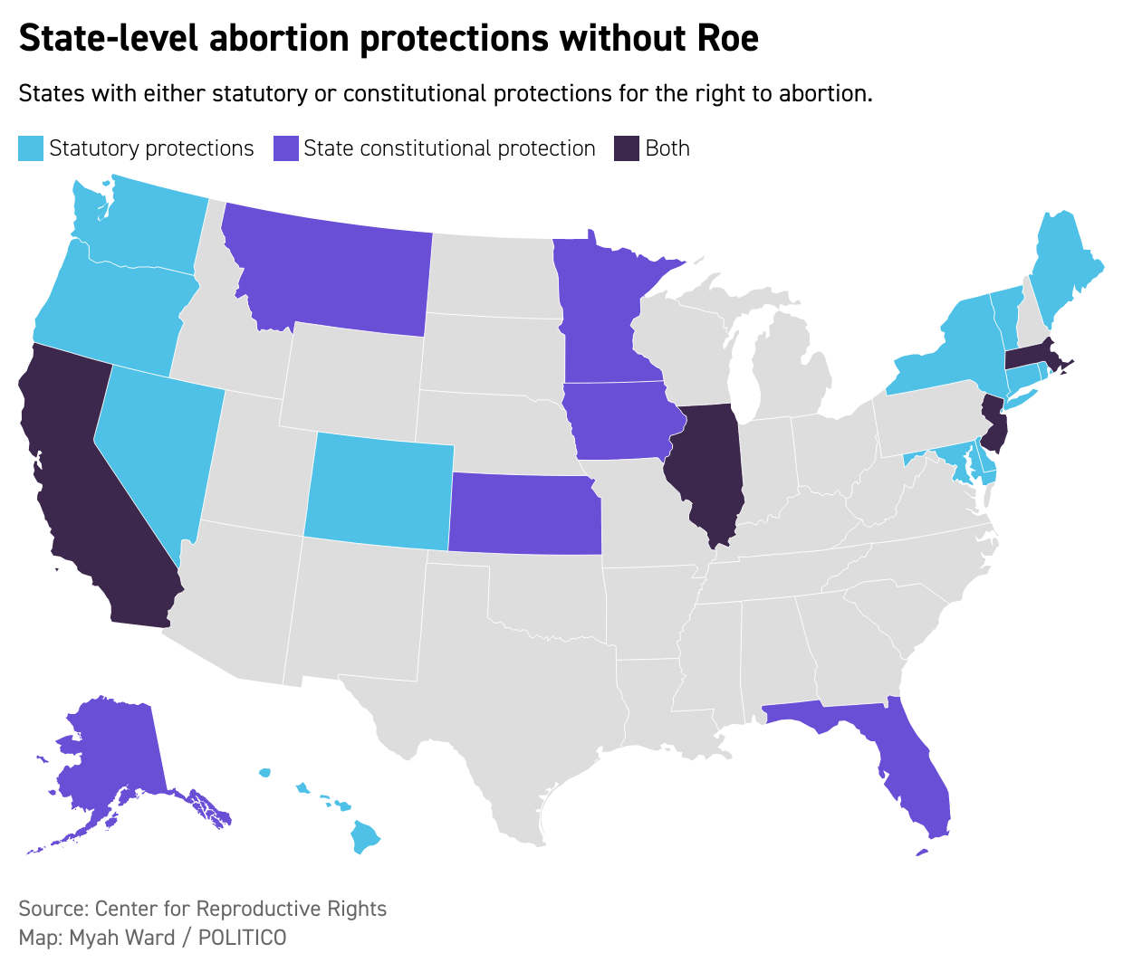 220429_State abortion protections_MyahWard A map of the state-level abortion protections in the U.S. in the absence of Roe