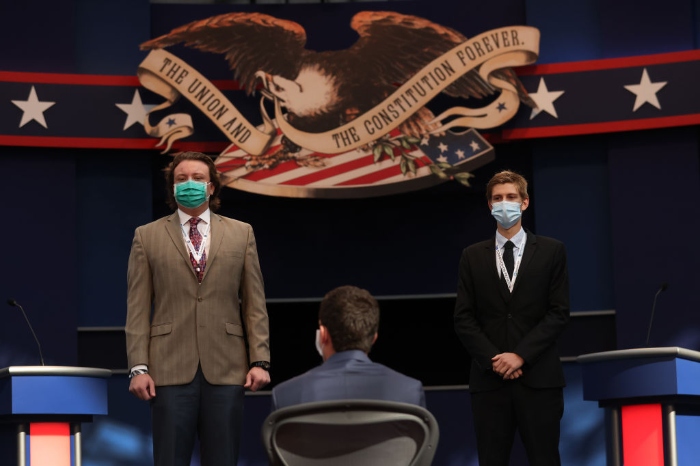 Nightly 9-28 photo Students Blake Wiseman (L) and Christopher Heermann (R), stand-ins for President Donald Trump and Democratic presidential nominee Joe Biden respectively, participate in a rehearsal for the first presidential debate at Case Western Reserve University and the Cleveland Clinic in Cleveland.