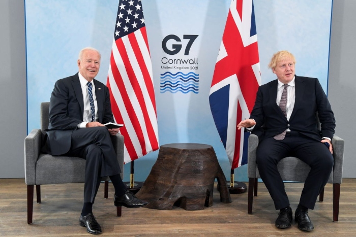 Britain's Prime Minister Boris Johnson meets with U.S. President Joe Biden, ahead of the G-7 summit, at Carbis Bay Hotel near St Ives, England.