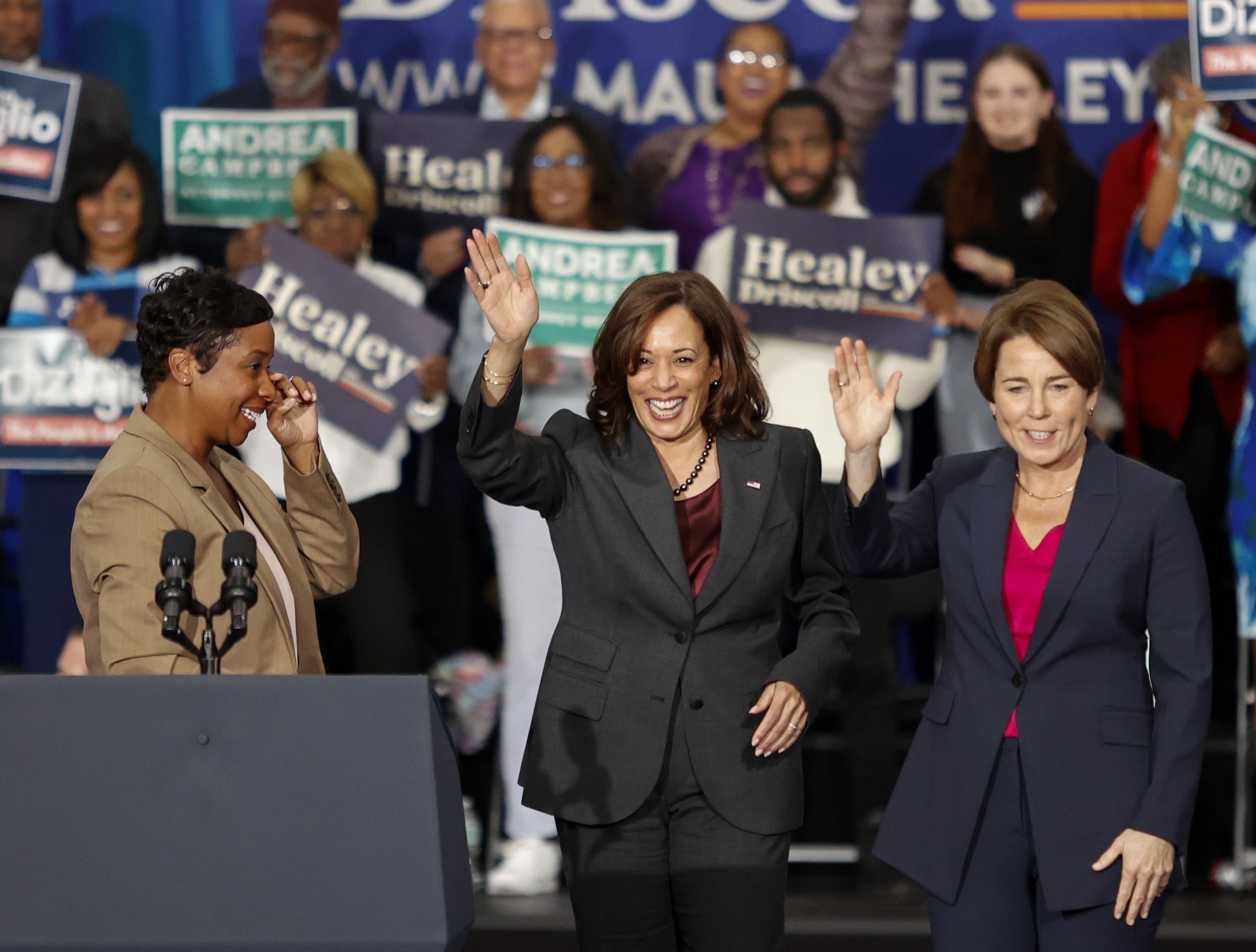 Vice President Kamala Harris, center, is joined on the stage by Attorney General nominee Andrea Campbell, left, and Massachusetts Attorney General and Democratic candidate for Gov. Maura Healey during a campaign rally in support of the statewide Massachusetts Democratic ticket, Wednesday, Nov. 2, 2022, in Boston. (AP Photo/Mary Schwalm)