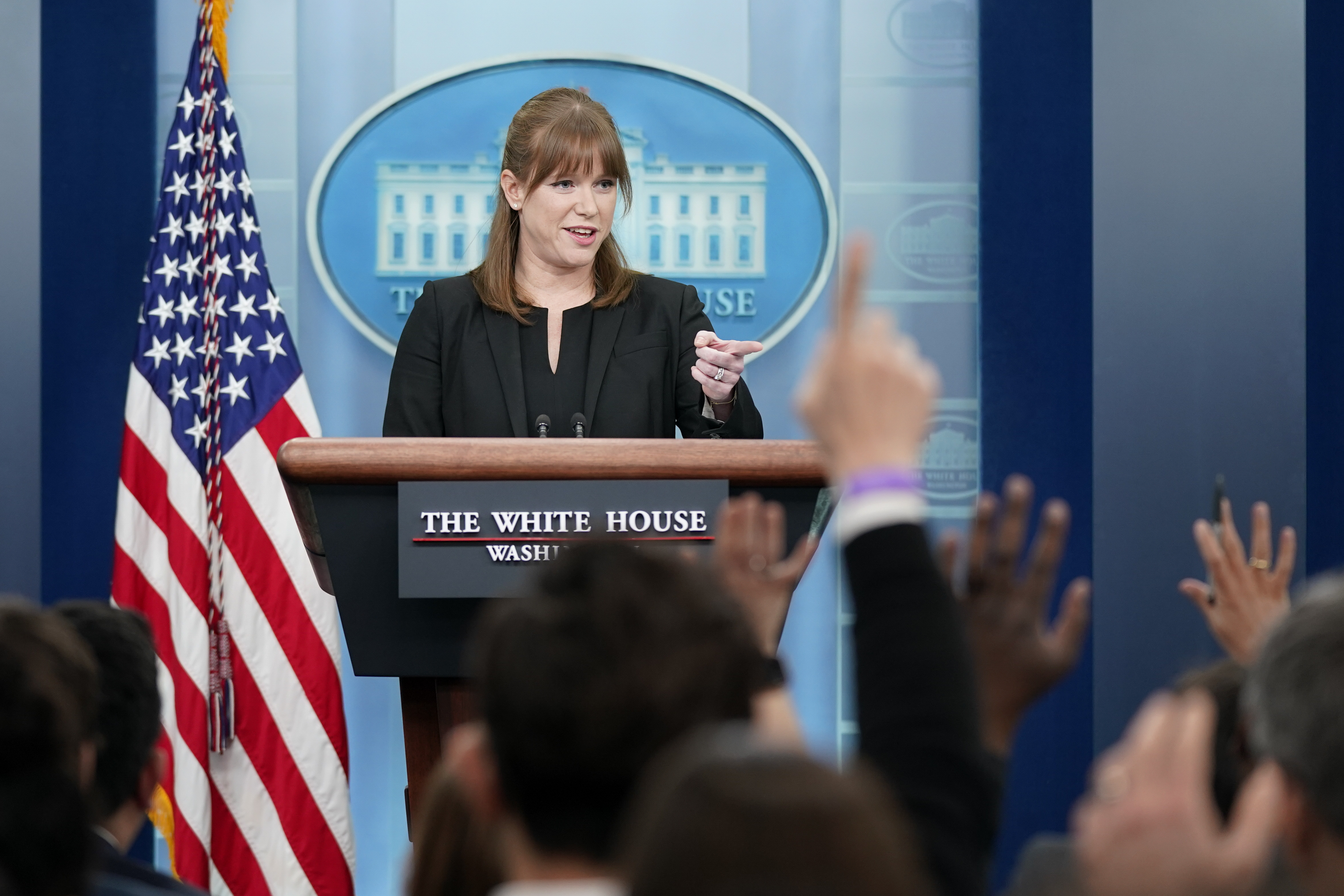 White House Communications Director Kate Bedingfield calls on a reporter during a press briefing.