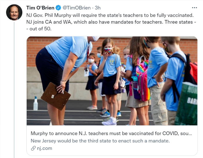 Nightly 8-19-21 tweet 1 Tweet on New Jersey requiring teachers to get the Covid-19 vaccine
