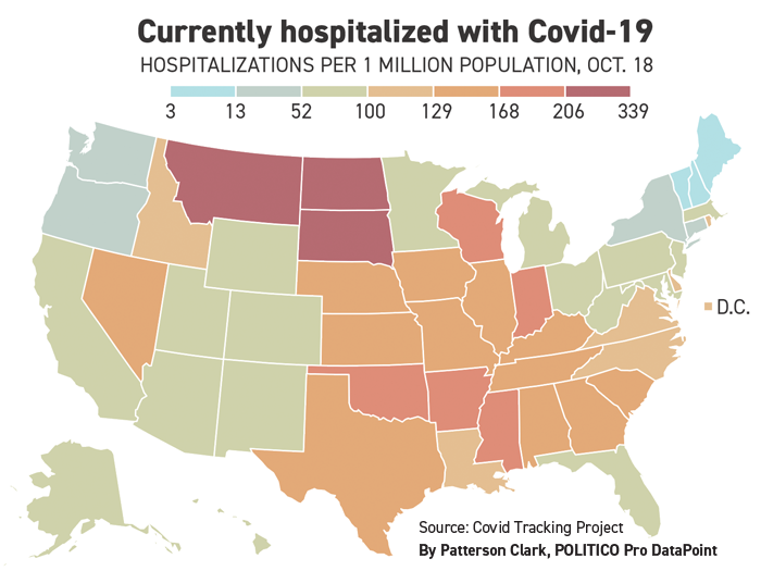 South Dakota continues to lead the country in current hospitalizations as a proportion of state population, with Montana and North Dakota close behind, both with more than 275 people hospitalized per million population. Northern New England pales in comparison: On Oct. 18, Vermont’s current hospitalization rate for Covid-19 was about a hundred times lower than in the upper Great Plains.