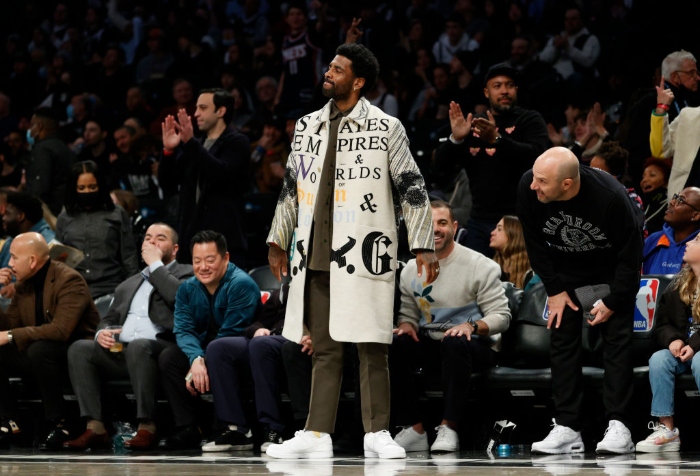 Kyrie Irving of the Brooklyn Nets attends the second half against the New York Knicks at Barclays Center in New York City.