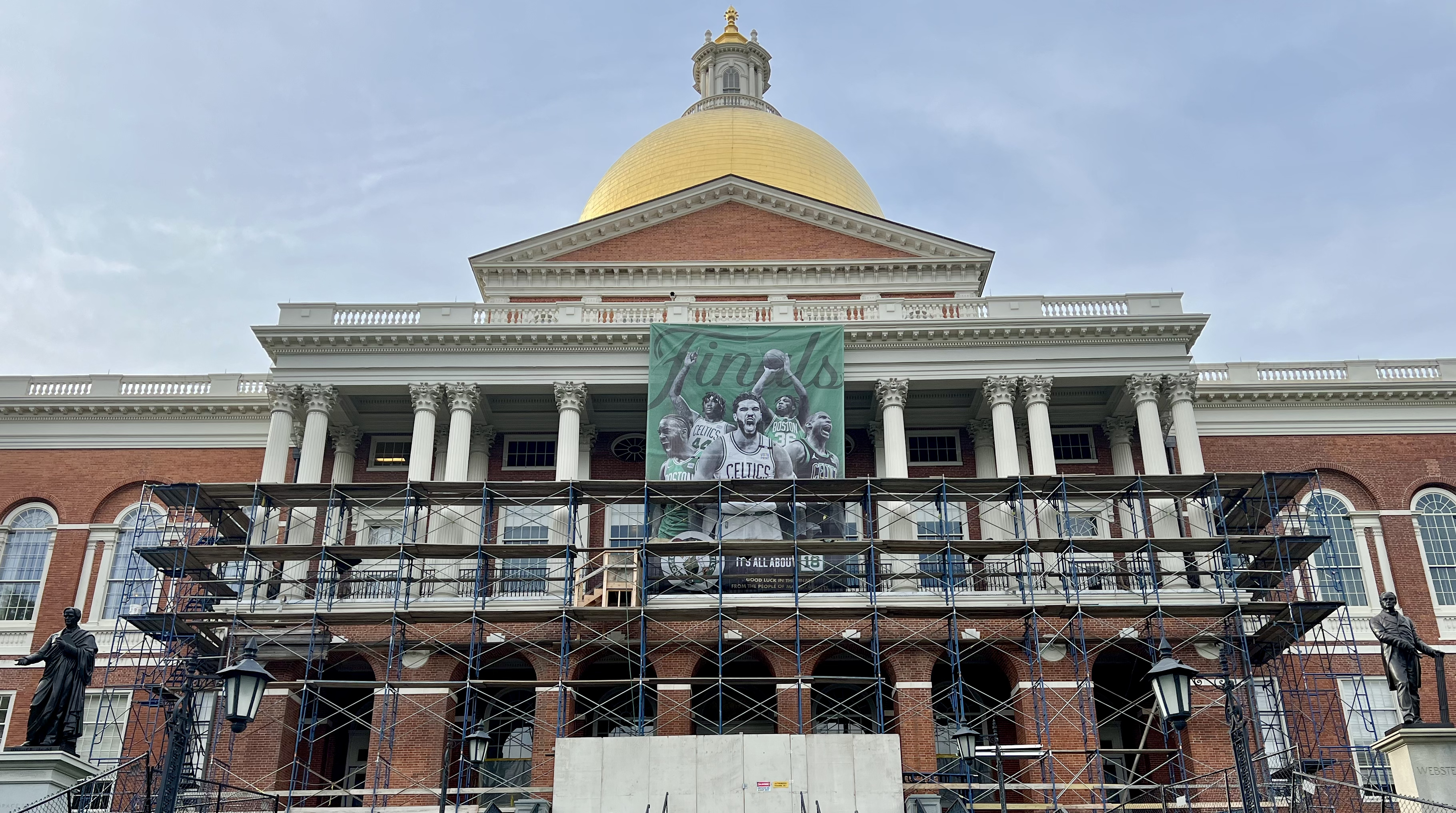 Celtics State House Celtics banner hangs from the Massachusetts State House