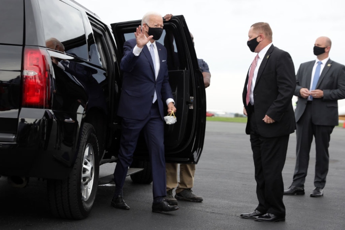 Democratic presidential candidate former Vice President Joe Biden waves as he arrives at New Castle Airport in Delaware. Biden traveled to Pittsburgh today and spoke on the protests against racism and police violence in Kenosha, Wis., and Portland, Ore. 
