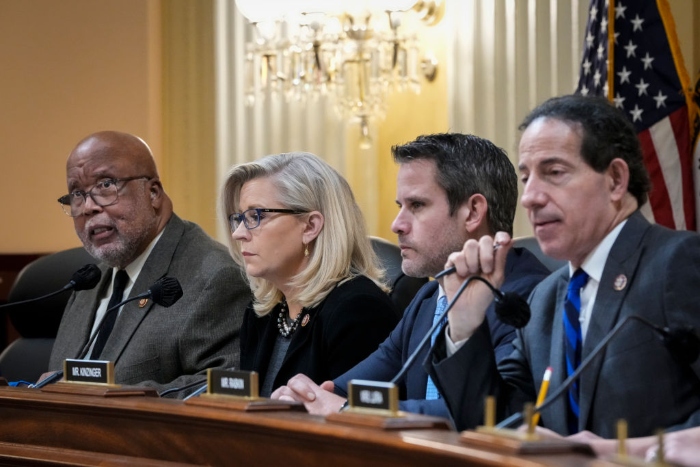Nightly 12-17-21 photo Rep. Bennie Thompson (D-Miss.), chair of the select committee investigating the Jan. 6 attack on the Capitol, speaks as Rep. Liz Cheney (R-Wyo.), vice-chair, Rep. Adam Kinzinger (R-Ill.) and Rep. Jamie Raskin (D-Md.) listen during a committee meeting on Capitol Hill.