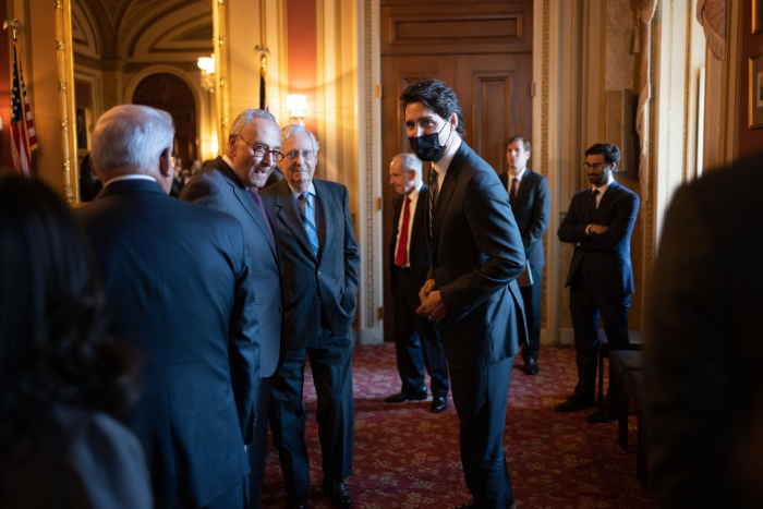 Nightly 11-17-21 photo Canadian Prime Minister Justin Trudeau meets with Senate Majority Leader Chuck Schumer and Senate Minority Leader Mitch McConnell at the U.S. Capitol.