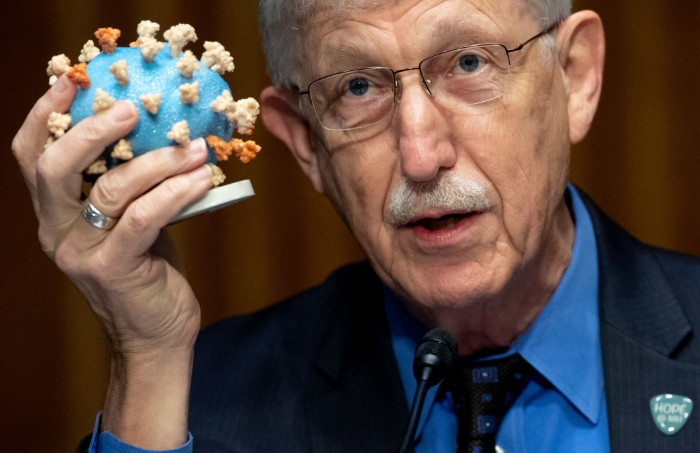 Nightly 7-2 photo 2 NIH Director Francis Collins holds up a model of Covid-19 during a Senate Appropriations subcommittee hearing on the plan to research, manufacture and distribute a coronavirus vaccine, known as Operation Warp Speed.
