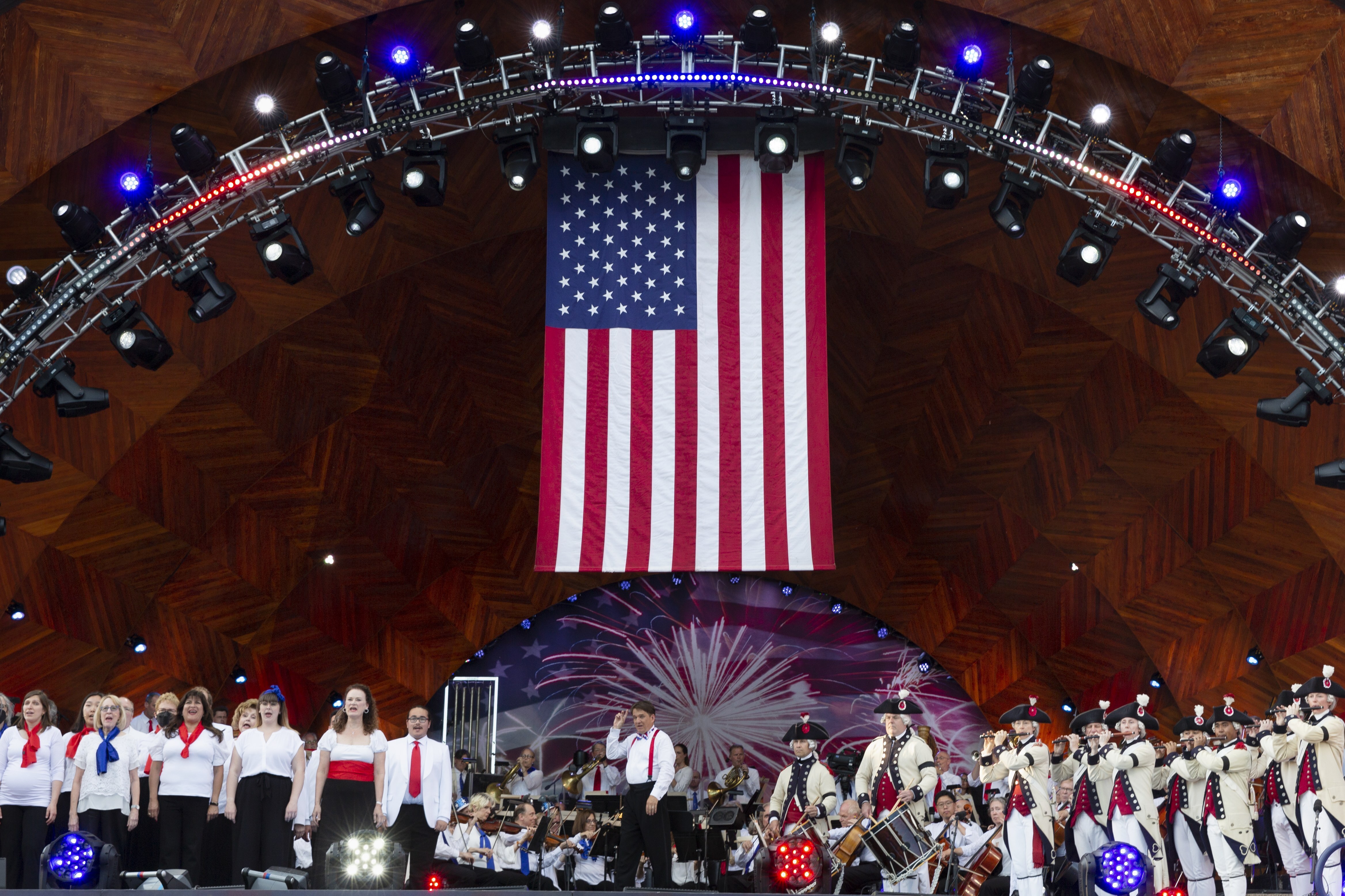 Fourth of July Boston Keith Lockhart, center, conducts during rehearsals for the annual Fourth of July Boston Pops Fireworks Spectacular, Sunday, July 3, 2022, in Boston. (AP Photo/Michael Dwyer)