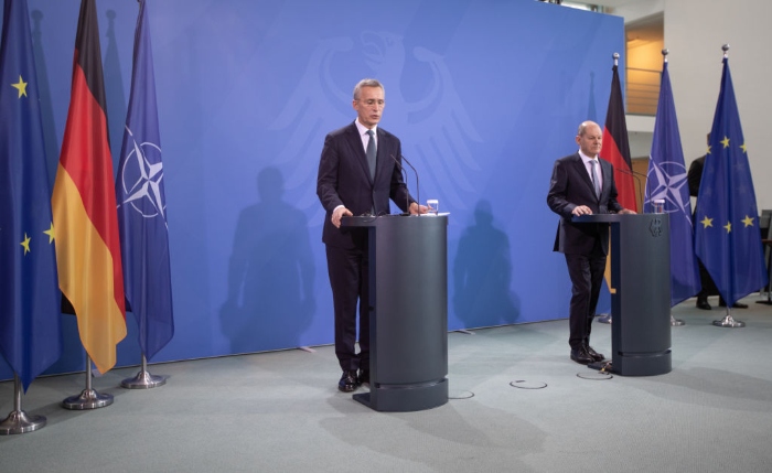 Nightly 1-18-22 photo 2 German Chancellor Olaf Scholz and NATO Secretary General Jens Stoltenberg attend a press briefing at the Chancellery in Berlin.