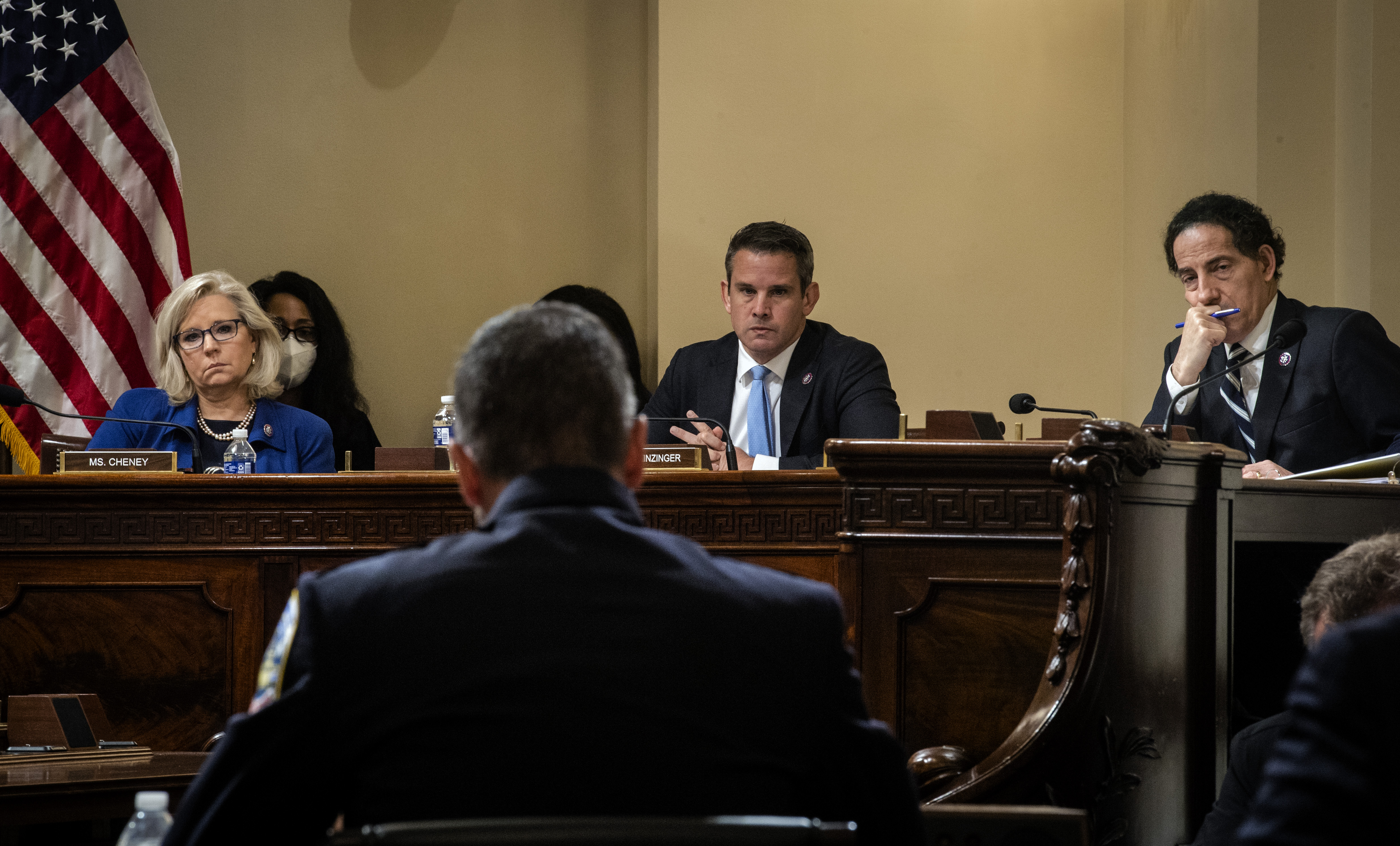 Reps. Liz Cheney, Adam Kinzinger and Jamie Raskin listen to testimony from a DC Metropolitan Police Department Officer before the House Select Committee investigating the January 6 attack on Capitol.
