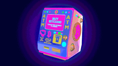 An animated Bitcoin ATM spins around on a loop.