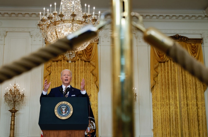 Nightly 1-19-22 photo 2 President Joe Biden delivers an opening statement during a news conference in the East Room of the White House.