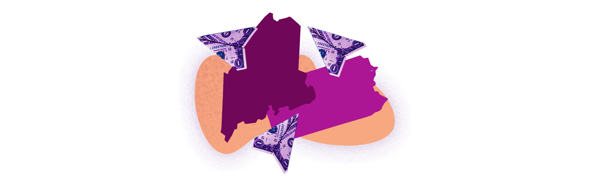An illustration shows outlines of Pennsylvania and Maine, and paper planes made out of dollar bills.