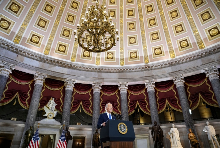 Nightly 1-6-22 photo 2 President Joe Biden delivers remarks on the one year anniversary of the Jan. 6 attack on the U.S. Capitol, during a ceremony in Statuary Hall.