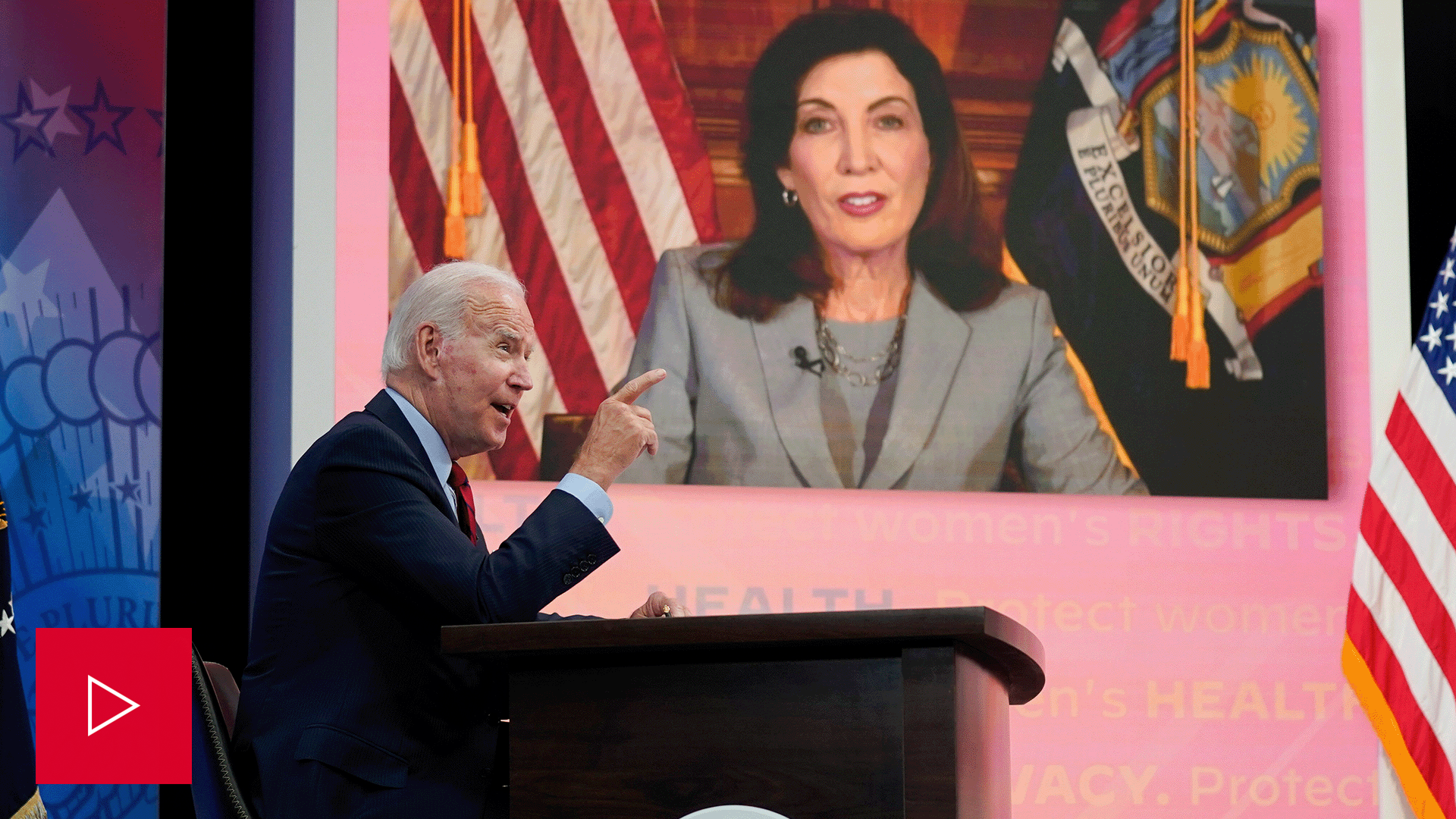 President Joe Biden speaks virtually to New York Gov. Kathy Hochul.