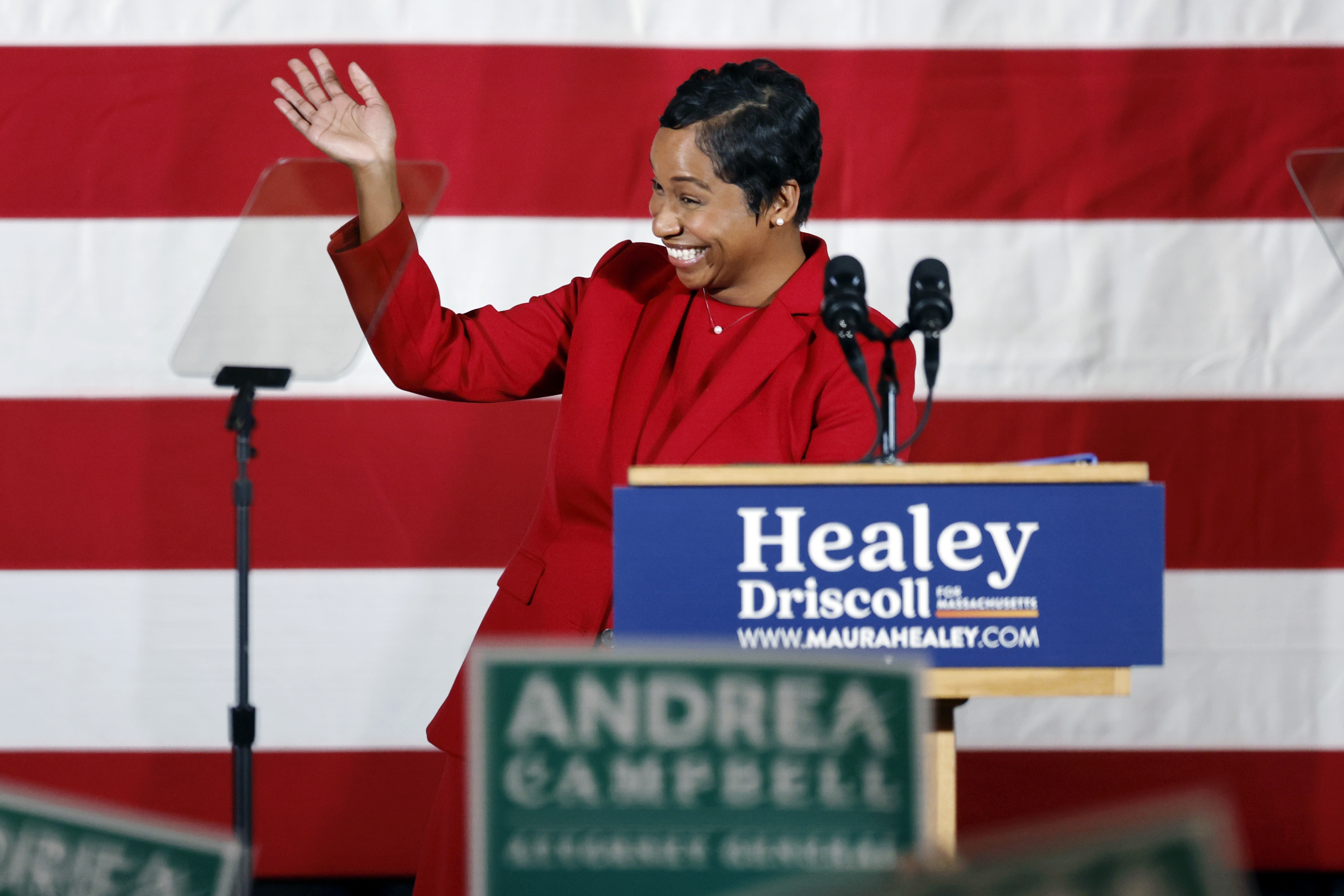 Massachusetts Attorney General-elect Andrea Campbell waves on stage during a Democratic election night party, Tuesday, Nov. 8, 2022, in Boston. (AP Photo/Michael Dwyer)