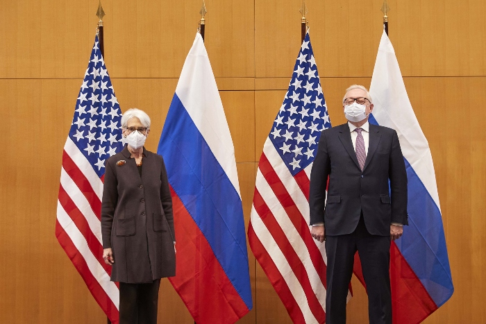Nightly 1-10-22 photo 3 U.S. Deputy Secretary of State Wendy Sherman, left, and Russian deputy foreign minister Sergei Ryabkov attend security talks at the United States Mission in Geneva, Switzerland.