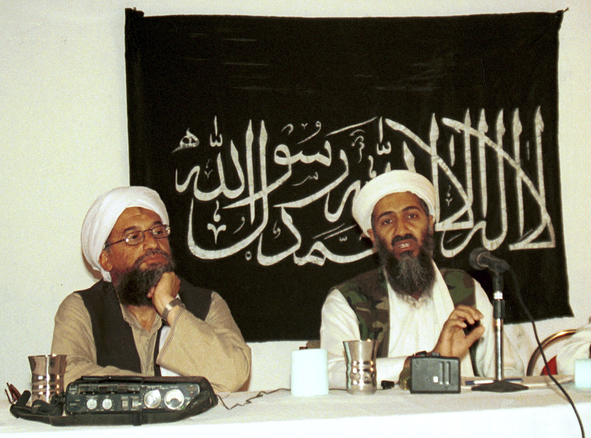 Ayman al-Zawahri sitting with Osama bin Laden in 1998.  