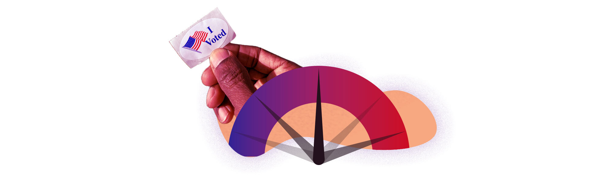 An illustration shows a scale swinging back and forth between blue and red, as well as a hand holding an I Voted sticker.