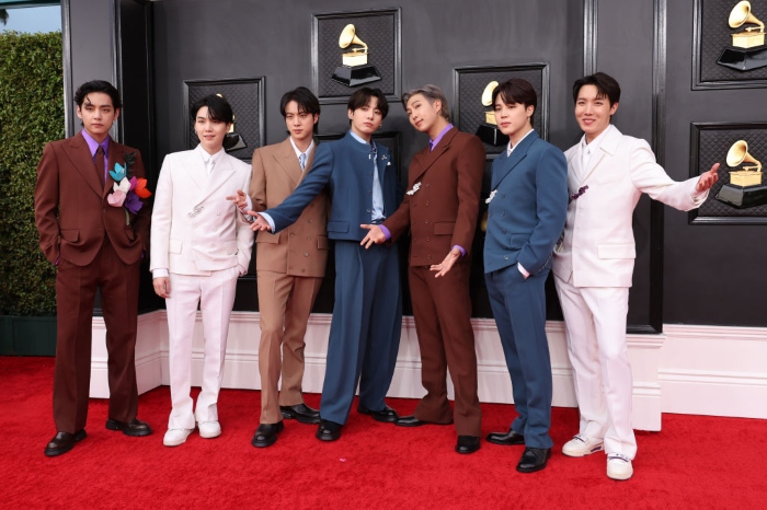 V, Suga, Jin, Jungkook, RM, Jimin and J-Hope of BTS attend the 64th Annual GRAMMY Awards at MGM Grand Garden Arena in Las Vegas.