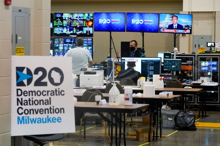 The control room where live feeds are managed is in operation for the virtual DNC convention at the Wisconsin Center in Milwaukee. 