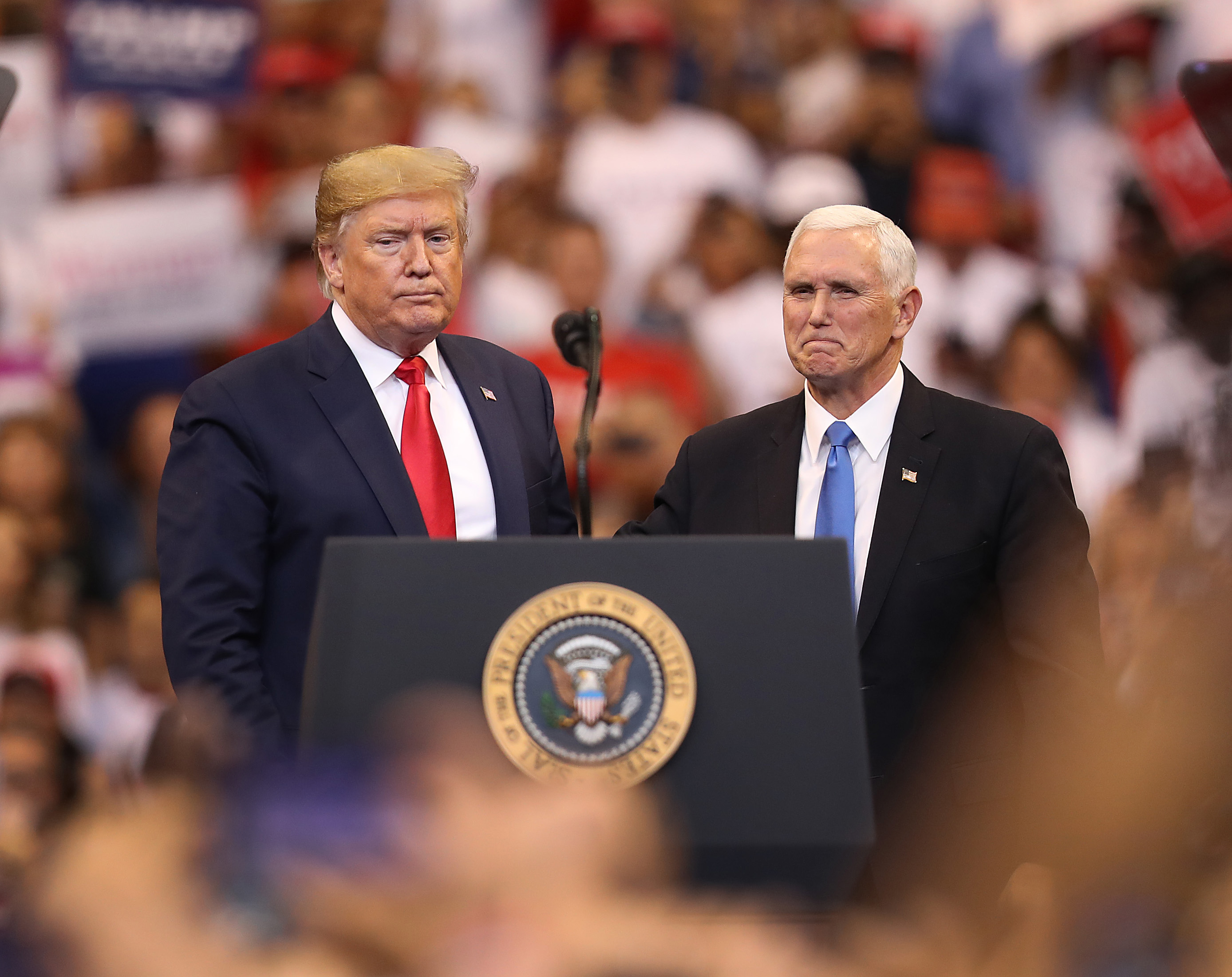 Donald Trump and Mike Pence together at a rally in 2019. 